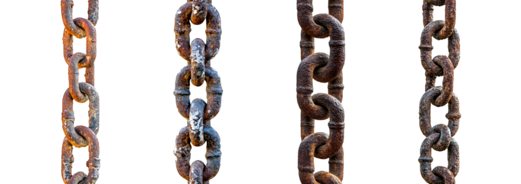 Set of weathered metal chains are displayed vertically, isolated on transparent background