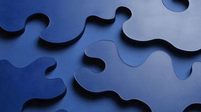 Abstract blue shapes create smooth, flowing pattern on textured background, evoking sense of calm and creativity. design features interlocking curves and rich blue hue