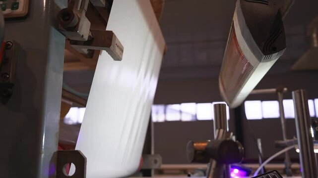 Automated machine tool rolls large plastic foil sheet in production shop. Plastic foil sheet moves smoothly through rollers of automated machine