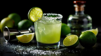Fototapeta premium Refreshing cocktail with lime and salt, garnished with lime slice, surrounded by fresh limes and bottle