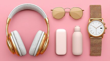Obraz premium Gold and White Headphones with Accessories Flatlay on Pink Background