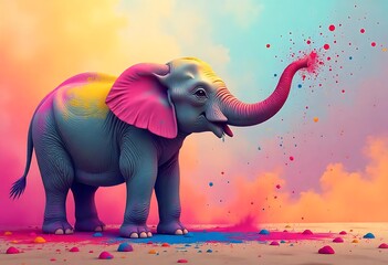 An elephant spreads Holi colors with its trunk.  Elephant Happy Holi colorful background. Festival of colors, colorful rainbow holi paint color powder explosion isolated  wide panorama ...