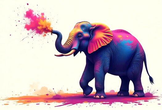 An elephant spreads Holi colors with its trunk.  Elephant Happy Holi colorful background. Festival of colors, colorful rainbow holi paint color powder explosion isolated  wide panorama ...