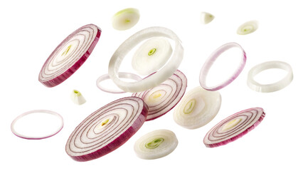 onion slices flying isolated on white background PNG. AI GENERATED