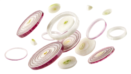 onion slices flying isolated on white background PNG. AI GENERATED