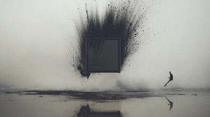 surreal scene depicts person leaping near large, floating cube with explosion of dark particles. misty background adds mysterious and dynamic atmosphere