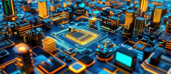 Cybernetic metropolis, a captivating cityscape envisioned on a circuit board