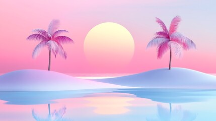 Pink Palm Sunset Beach Scene.