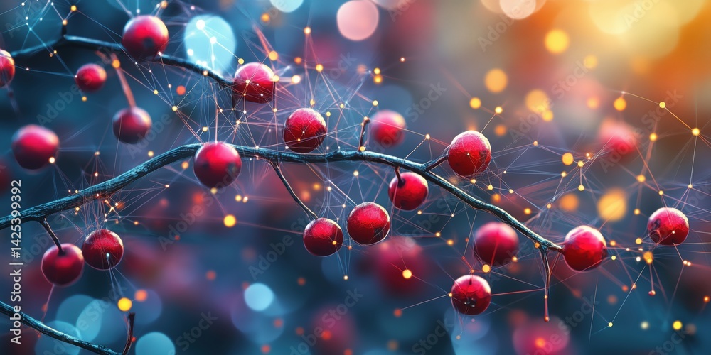 Poster abstract representation of red berries on a branch with glowing connections and bokeh effect