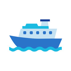 Blue Cartoon Boat Icon on Ocean Waves Illustration