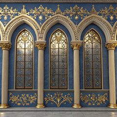 Ornate Gothic Architectural Facade with Golden Floral Arches and Blue Background Design