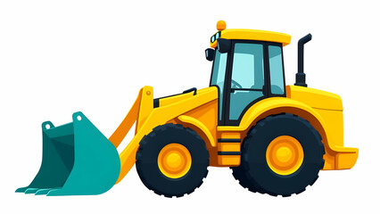 Fototapeta premium A vibrant yellow wheel loader is depicted, showcasing its teal bucket and robust build. The illustration highlights the machine's powerful design and functionality.