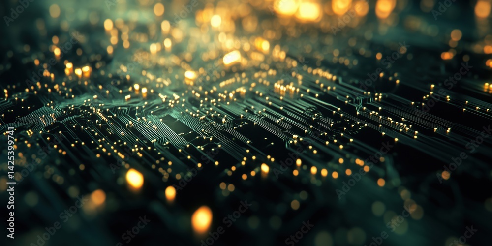 Poster abstract close-up of glowing circuit board with intricate patterns and lights