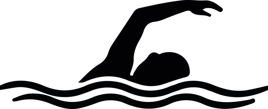 a bold black-and-white vector illustration of a female swimmer performing, suitable for sports branding or logo use.