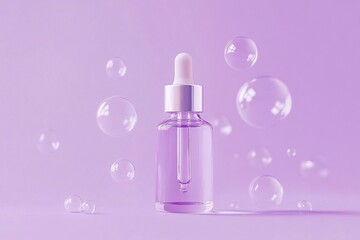 
Product photography: a glass dropper bottle floating in the air, surrounded by soap bubbles on a purple background.