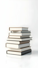 A neatly stacked collection of books with varying cover colors rests on a reflective white surface.  The image suggests learning, knowledge, and reading.