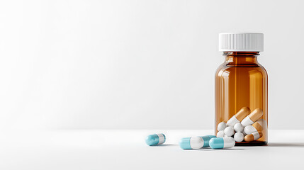 Pill bottle with colorful capsules pharmacy product photography clean background close-up health awareness