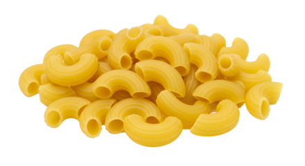 Pile of uncooked elbow macaroni pasta shells on a white background