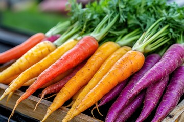 Freshly picked rainbow carrots displayed on rustic wooden tray