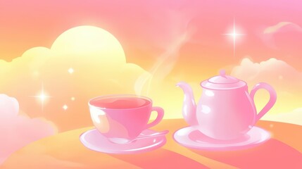 Fototapeta premium Pastel-toned tea set scene, morning light and stars.