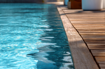 serene poolside view featuring clear blue water and wooden deck, perfect for relaxation and leisure