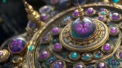 intricate, ornate design featuring circular arrangement of purple and blue gemstones set in gold, creating luxurious and mystical appearance. detailed craftsmanship evokes sense of wonder