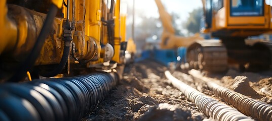 High-powered Horizontal Directional Drilling Rig Installing Underground Cables at a Busy Worksite