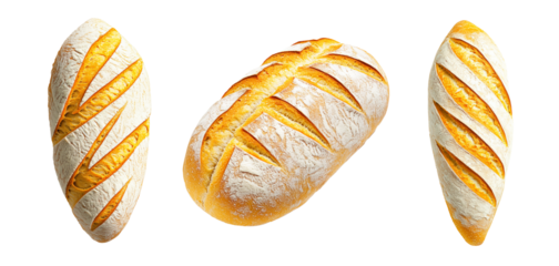 Set of loaf of white bread showing its golden crust and soft interior, isolated on white transparent background.