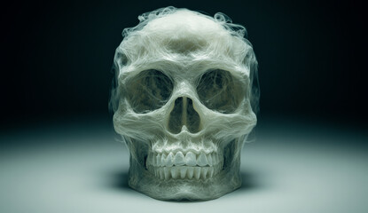 Obraz premium skull made of swirling smoke on white background creates eerie and mysterious atmosphere. intricate details of smoke form hauntingly realistic skull shape