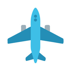 Blue airplane icon on black background, flying forward