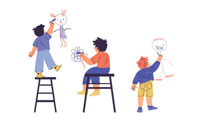 Children Drawing on Wall with Colorful Crayons Vector Illustration