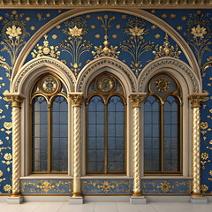 Fototapeta premium Ornate Gothic Architectural Facade with Golden Floral Arches and Blue Background Design