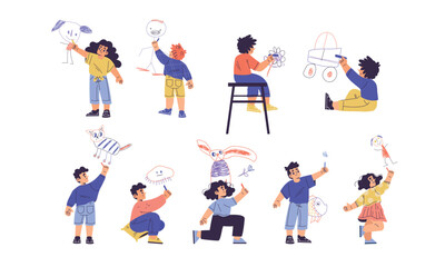 Children Drawing on Wall with Colorful Crayons Vector Illustration