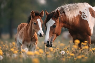 Fototapeta premium A little foal stands close to its mother, both enjoying a quiet moment together in a vibrant meadow filled with wildflowers during golden hour