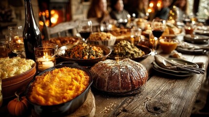 Fototapeta premium Thanksgiving feast, family gathering around a rustic table laden with dishes