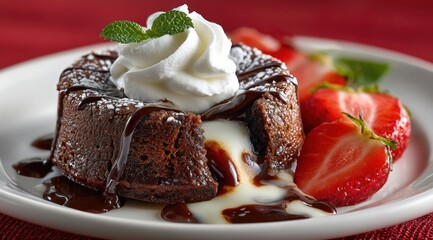 Rich chocolate lava cake oozes melted white chocolate, topped with whipped cream and garnished with fresh strawberries, inviting sweet delight