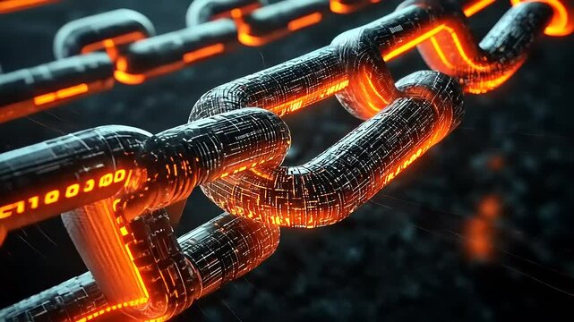 Digital Chain Links with Glowing Elements in Dark Background