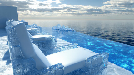 Obraz premium Chairs made of ice sit by serene, reflective pool overlooking vast ocean under partly cloudy sky, creating tranquil and minimalist aesthetic