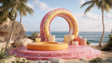  colorful archway and seating area on sandy beach with palm trees and ocean waves create tropical, artistic setting. scene is bright and inviting, perfect for relaxation