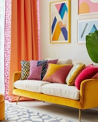Modern Living Room with Yellow Sofa and Geometric Art:  A vibrant and modern living room interior features a stylish yellow sofa with plush pillows.