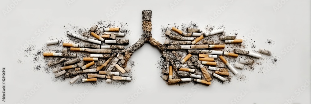 Poster abstract representation of lungs created from cigarette butts and ash depicting symbolic decay relat
