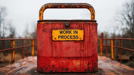 Industrial Sign Indicating Work in Process with Rusty and Weathered Background on a Construction Site