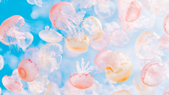 Colorful pastel jellyfish float gracefully in bright blue ocean, creating serene and dreamy underwater scene. translucent creatures display soft pink and white hues
