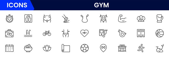 Gym and fitness icon set. It contains healthy lifestyle, weight training, body care, and workout or exercise equipment icons. Vector illustration web line icon collection 
