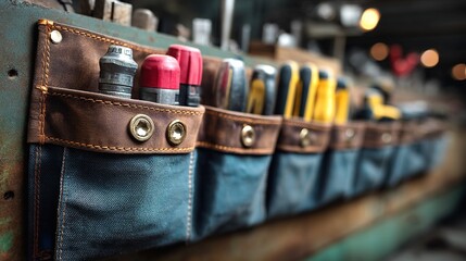 Technician's Tool Belt Close-Up with Neatly Arranged Tools, Soft Overhead Lighting, Blurred Industrial Background with Subtle Metallic Tones, Showcasing Professional Craftsmanship and Organization Ski