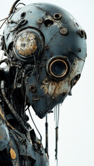 close up view of dark fantasy robot with steampunk design, featuring rusted metal and intricate mechanical details. robot head is adorned with gears and wires
