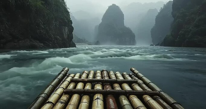 Serene bamboo raft drifting in misty river landscape