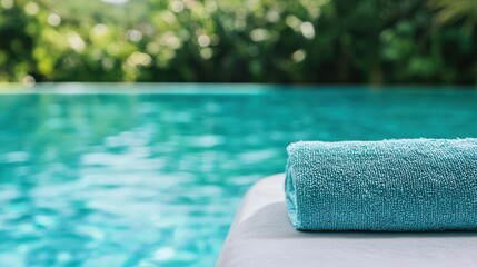 Plush Blue Towel Placed on Marble Edge Beside Tranquil Swimming Pool Under Bright Sunny Daylight