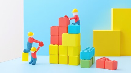 Obraz premium Colorful miniature workers construct a towering block structure.