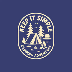 Camping Adventure Badge Featuring Tent Fire and Trees in Minimal Style